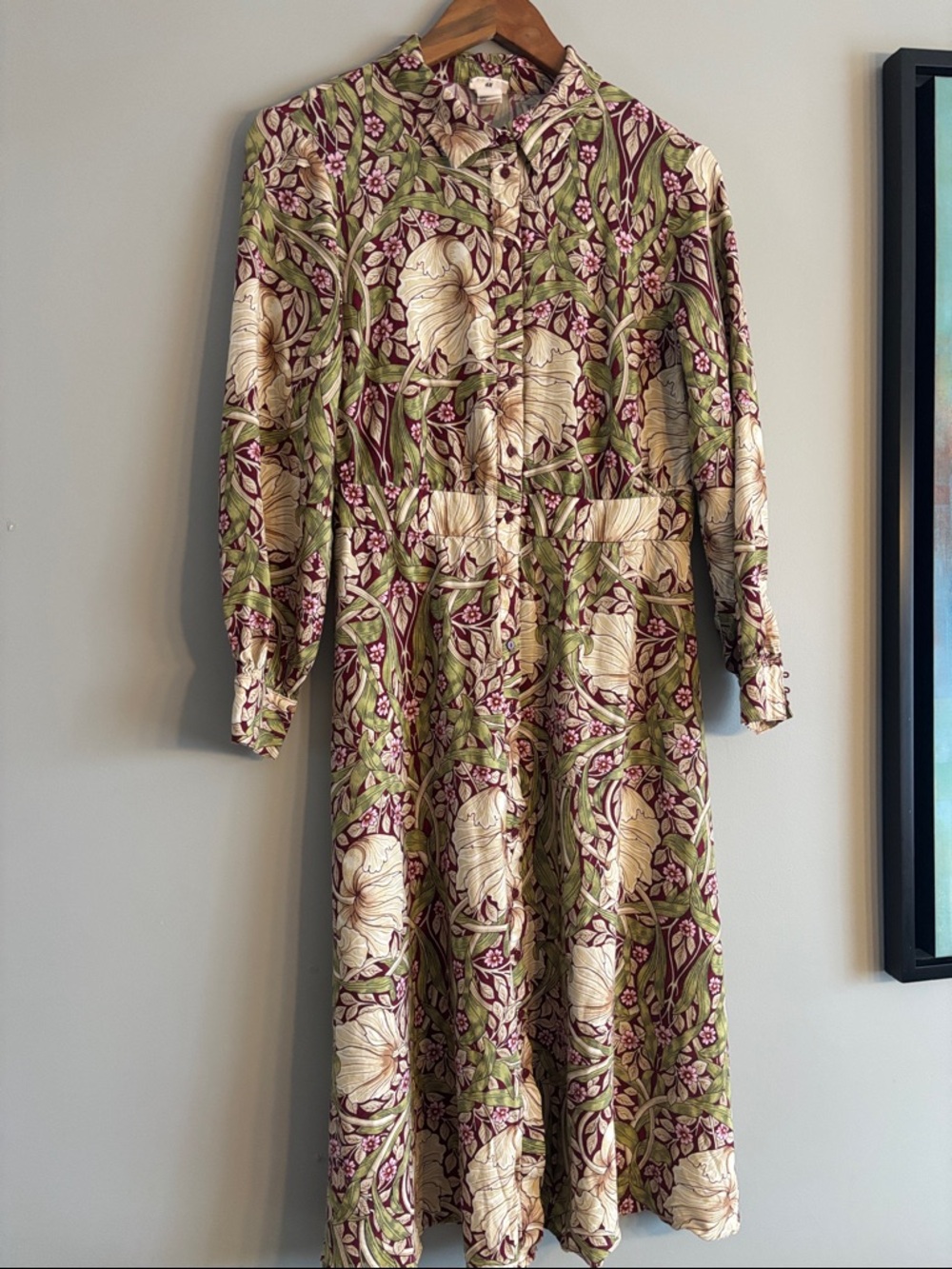Morris & Co Floral Print Long Sleeve Midi Dress in Olive and Cream